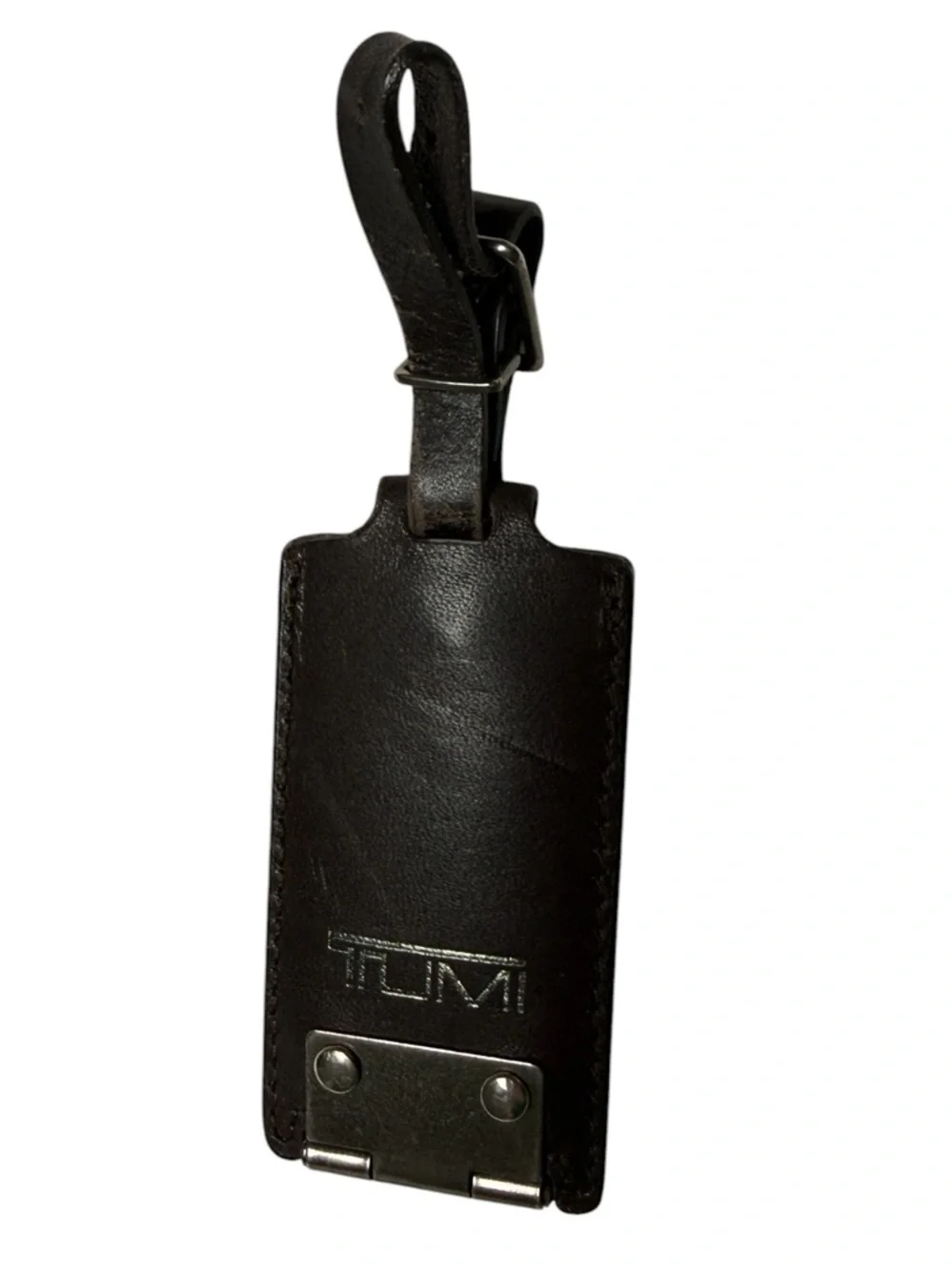 Tumi Black Leather Luggage Tag with Silver Hardware